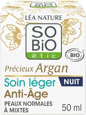 Tungi krem Sobio Etic LÉA NATURE SO BiO étic Yengil Qarishga qarshi tungi parvarish qimmatli argan yog'i bilan