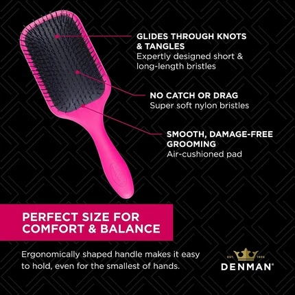 Denman Tangle Tamer Ultra soch uchun fen - uzun va qalin sochlar uchun, neylon cho'tkali cho'tka - Pushti