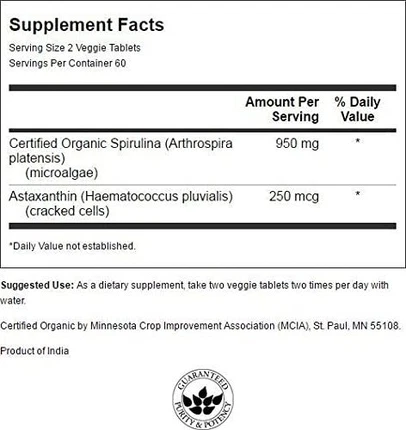 Вегетарианские таблетки Swanson Organic Spirulina & Astaxanthin